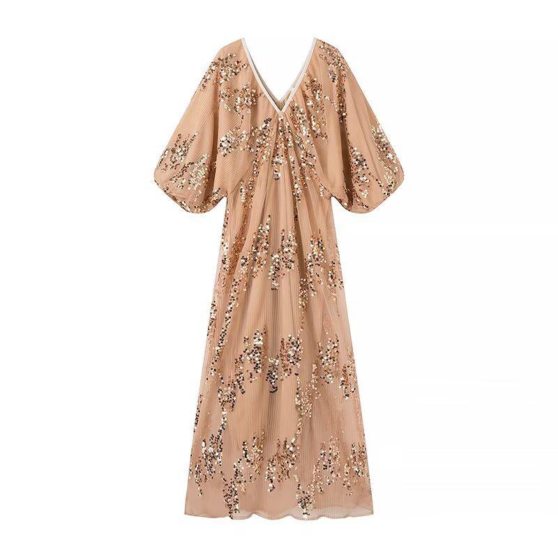 

Весна 2024 года Длинное платье с V-образным вырезом и рукавами «летучая мышь» для женщин Large хаки