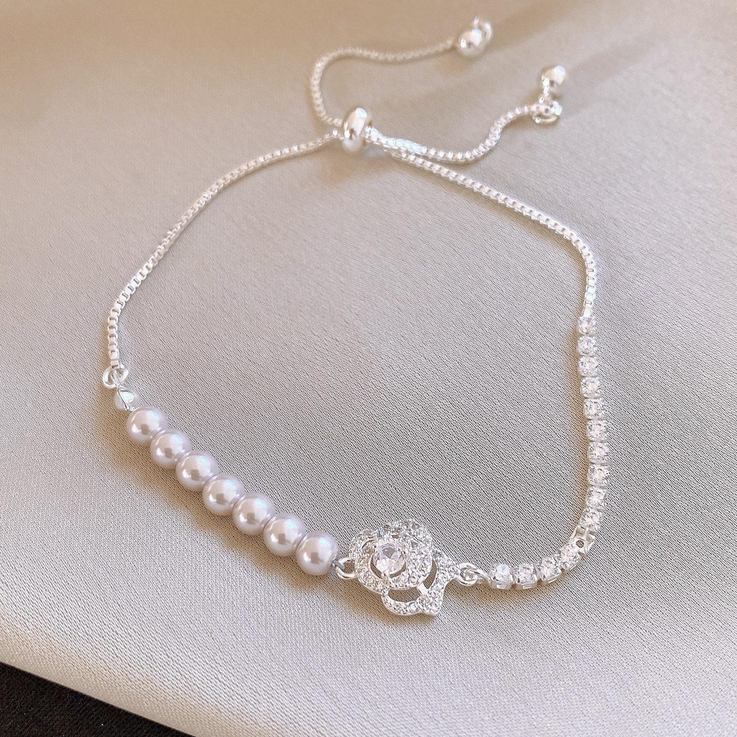French Sweet Zircon Flower Pearl Pull-Up Bracelet Bracelet Versatile Jewelry