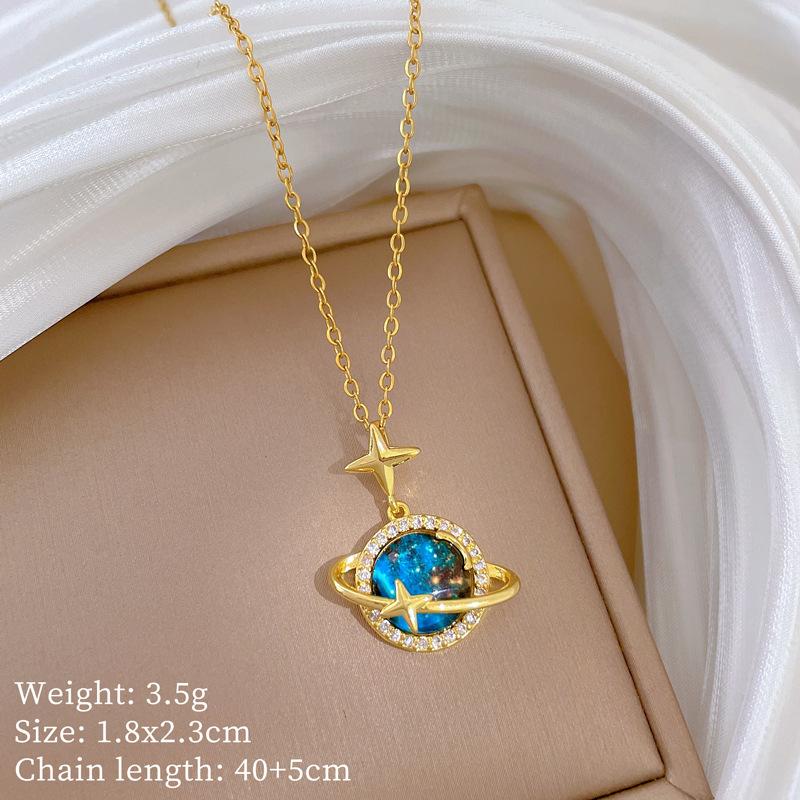 Planet Saturn Titanium Steel Chain Necklace Women's Light Luxury Transparent Crystal Sweet Cool Clavicle Neck Chain Jewelry