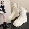 Mode 9CM 2024 Neue Frauen Winter Stiefeletten Heels Chunky Leder Schuhe Hohe Plattform Schnee Stiefel Frau Lace-up Kurze Boot Zapatos Mujer