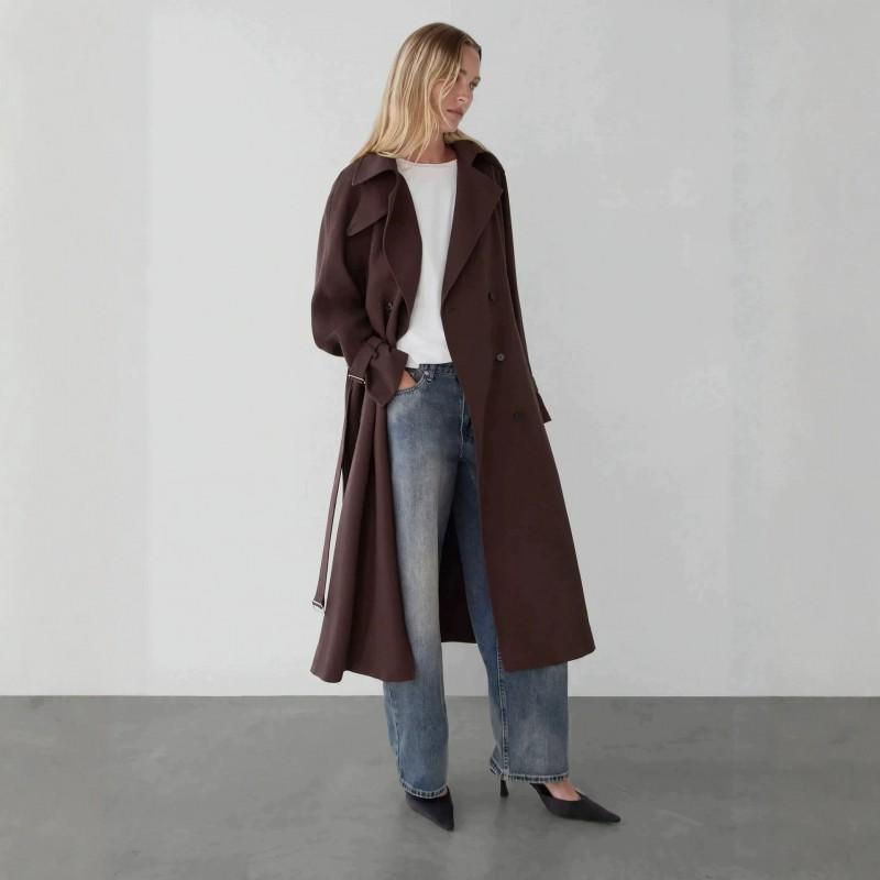 Doppelreihiger Trenchcoat für Damen mit Stehkragen, Taillengürtel, lockerer Passform, langer Länge, übergroße Oberbekleidung in einfarbigen Farben