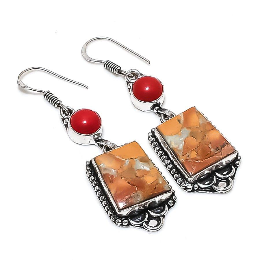 Natural Maligano Jasper, Coral 925 Sterling Silver Jewelry Earring 2.36" M1E63