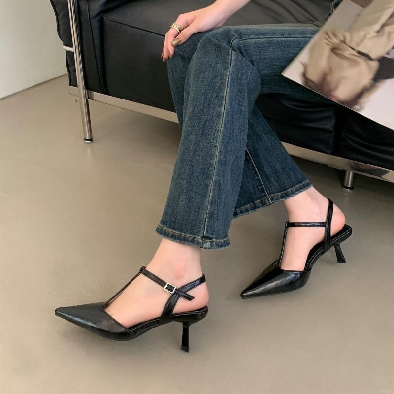 Elegant Pointed Toe T-strap Pumps Women Fashion Ankle Strap Buckle Thin Heel Designer Shoes Comfortable Shallow Party Dress Shoe