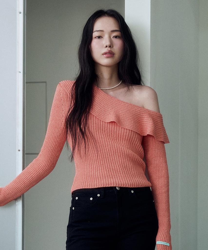 INSTANTFUNK Frill Off-Shoulder Knit - Salmon