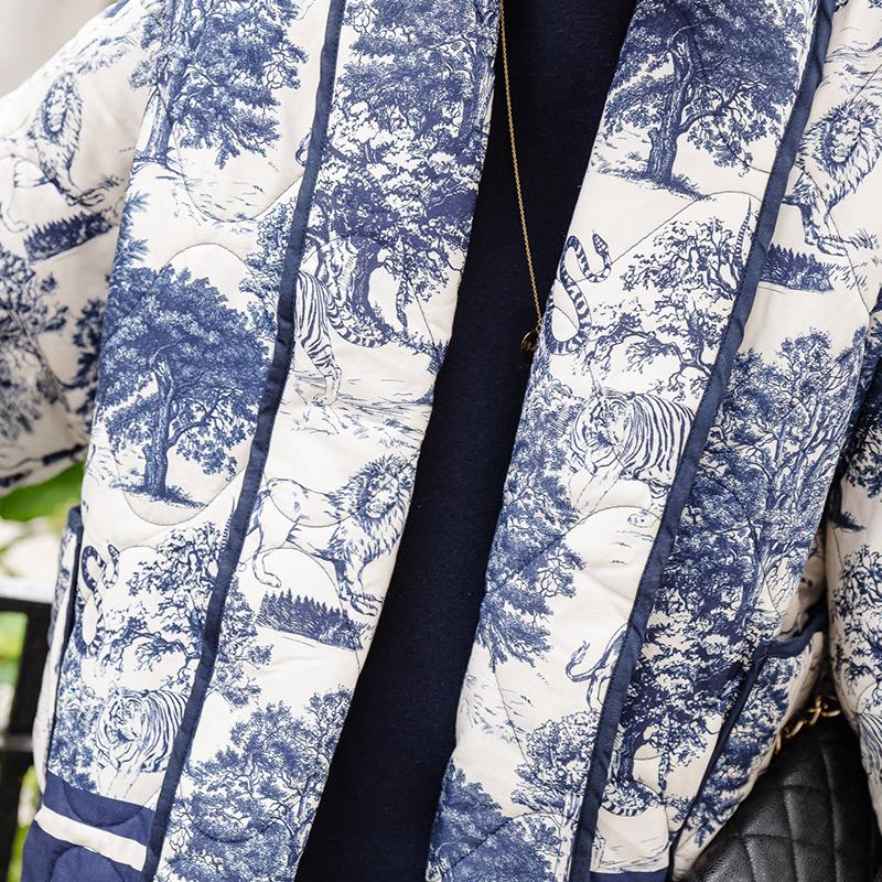 Printed Double Pocket Cotton Jacket Women Flower Printed Loose Casual Thickened Warm Coat Long Sleeve Cardigan Autumn Winter New Fashion