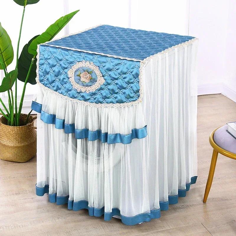 Washing Machine Cover Universal Washing Machine Cover with Roller and Wave Wheel Upflip Washing Machine Dustproof Lace Cover