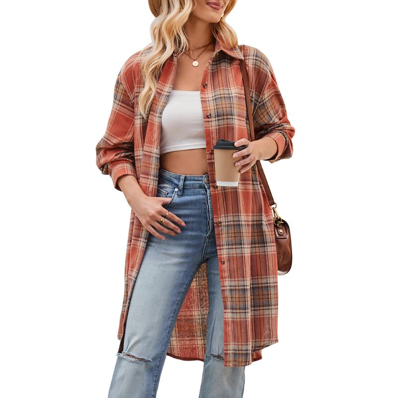 Women's Autumn and Winter New Casual Casual Loose Long Windbreaker Plaid Shirt