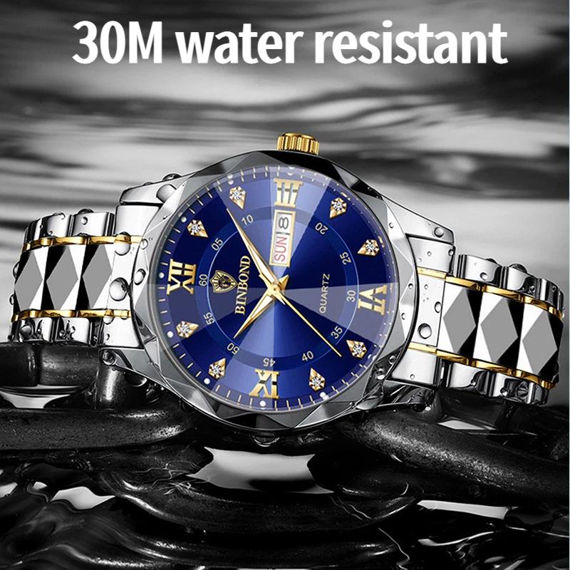 BINBOND Top Brand Luxury Fashion Quartz Watch Men Waterproof Week Date Clock Stainless Steel Sport Watch Men Quartz Wristwatch