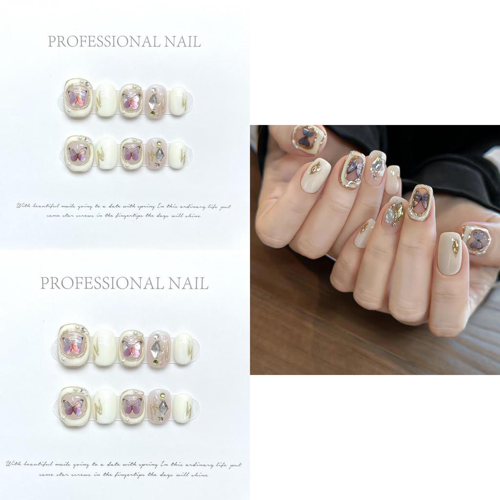 Baroque Butterfly Nail Stickers Pearl-encrusted Short Round Shape Sweet And French Style