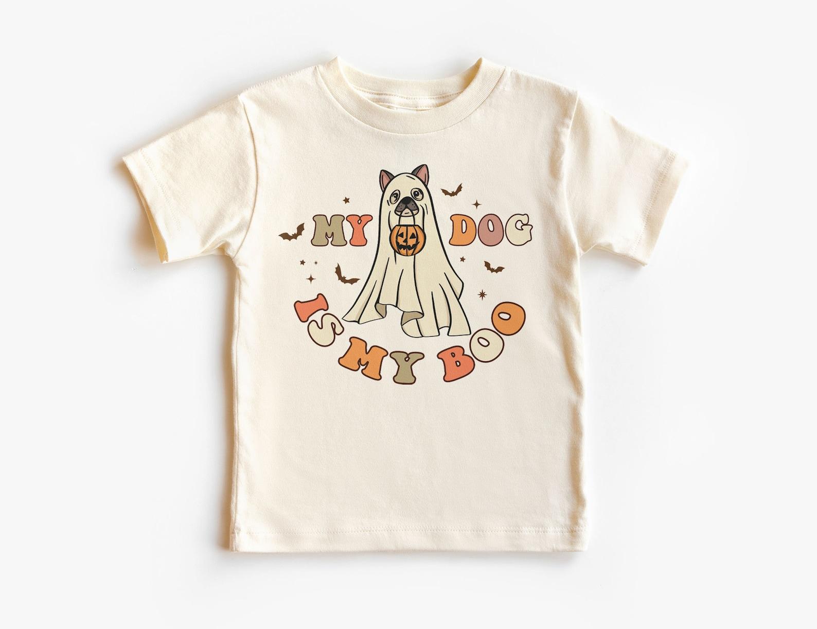My Dog Is My Boo Funny Kids Tee - Ghost Dog Trick Or Treating Shirt - Cute Halloween Doggy Costume - Unisex & Youth Boho Natural T-Shirt 140