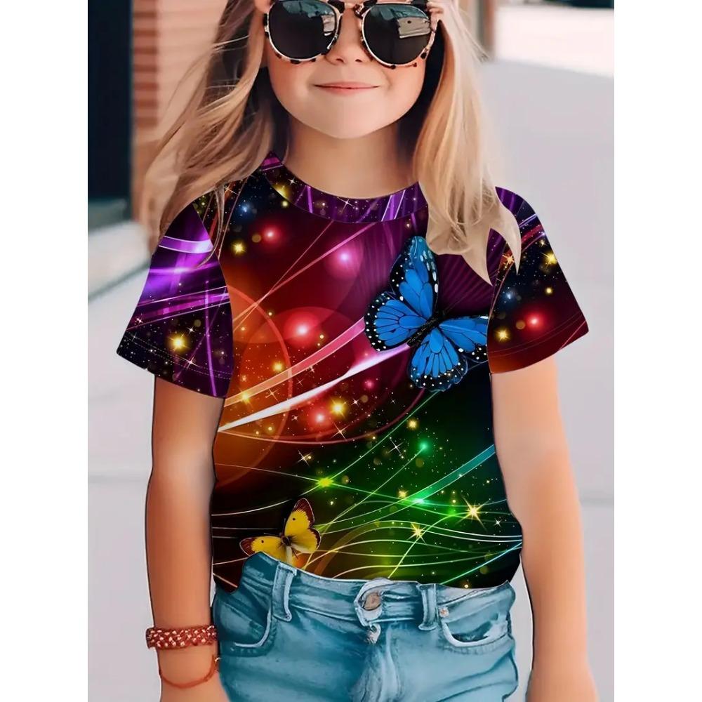 Summer Round Neck 3D Butterfly Pattern Printed Top Fashionable Casual Short Sleeved Children's Girl T-shirts