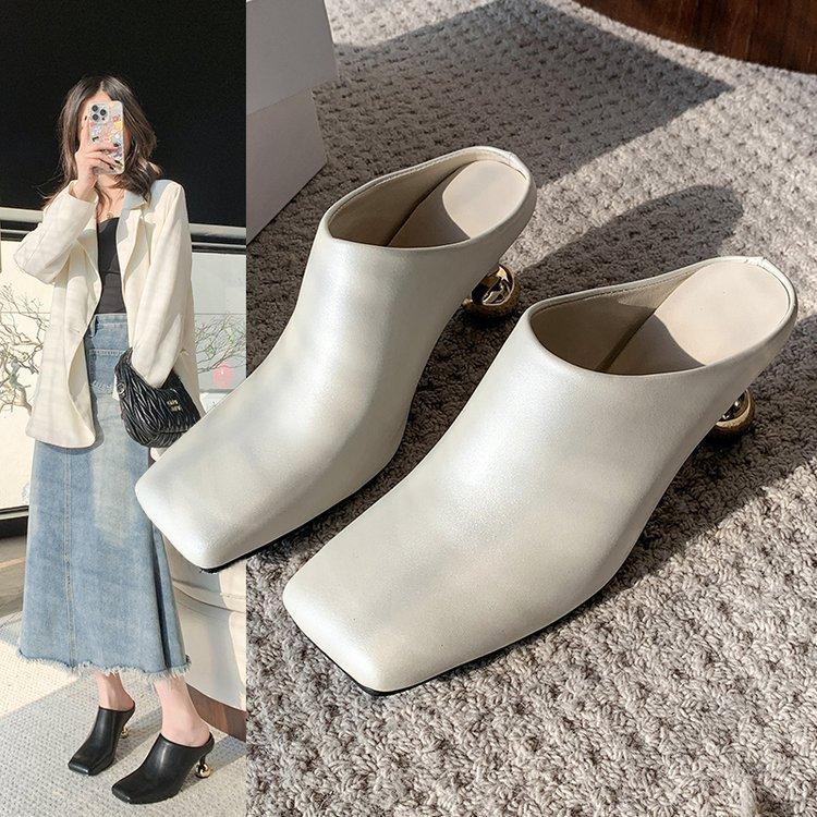 Wine glass and bag head half slippers women's 2025 summer new square head thick heel Mueller shoes with skirt large size high heels