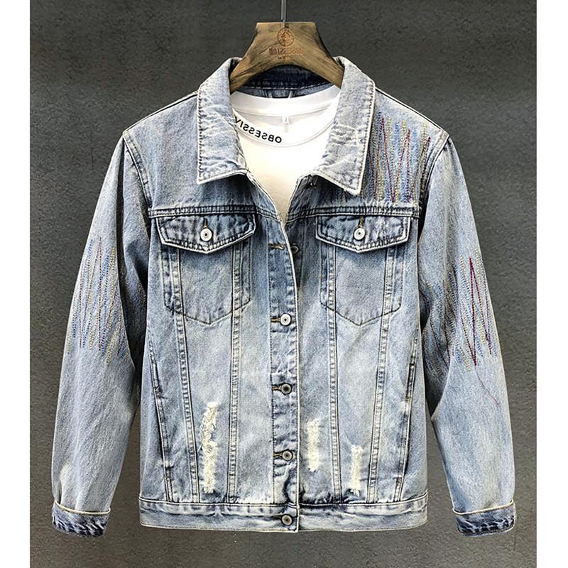 Men's American Retro Embroidered Washed Denim Jacket - Trendy, Loose Fit, Casual Spring/Autumn Outerwear