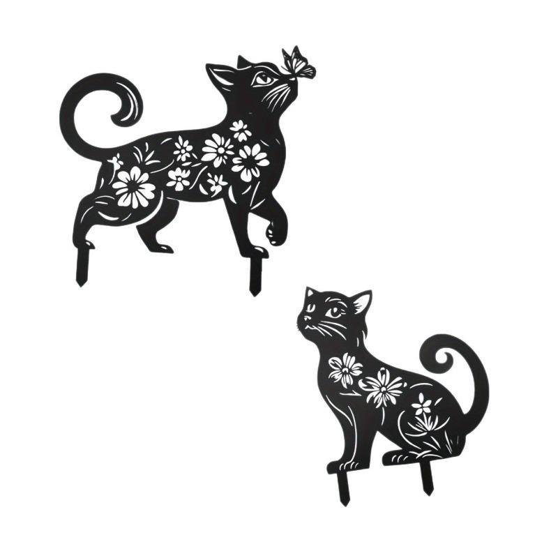 2PCS Outdoor Garden Lawn Decoration Crafts Ornament European and American Iron Art Black Cat Silhouette Floor Insert Ornament Home Furnishing