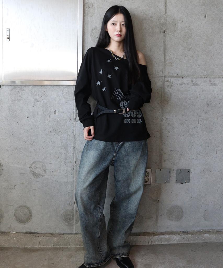 DEFYCLUBROBBERS Flight 666 Boat Neck One Shoulder Long Sleeve Black