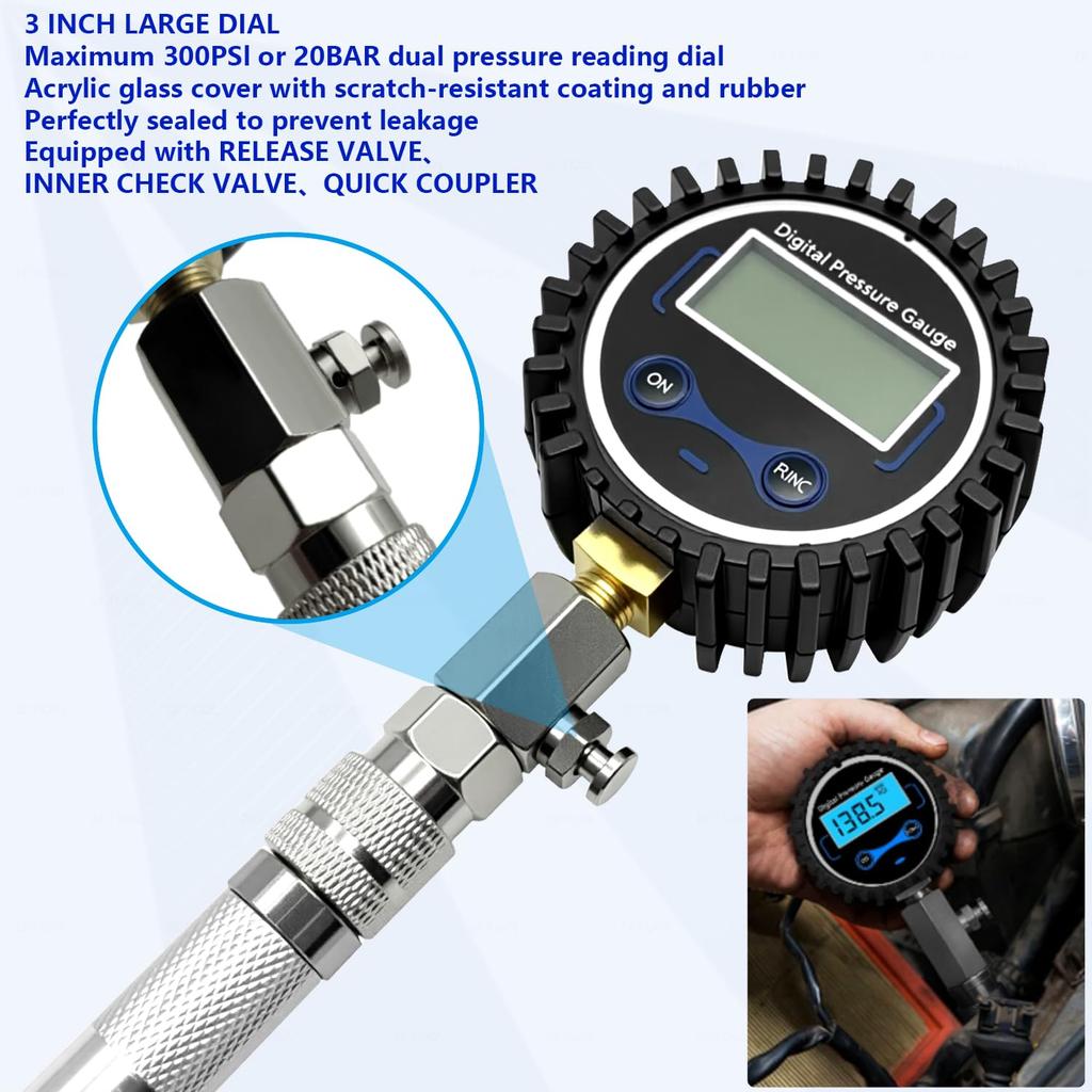 ZKTOOL Gasoline Engine Compression Gauge Set with Digital Display, 0-300 PSI, for Cars and Motorcycles, Compression Tester, Fuel Pressure Gauge, Press
