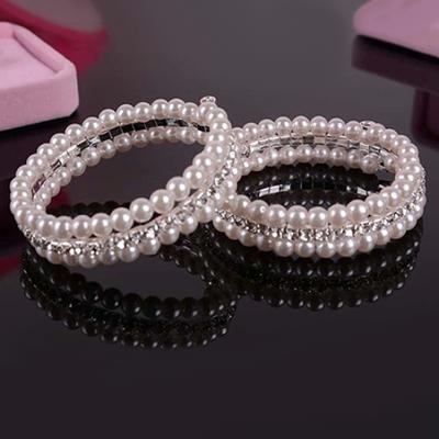 Women's Fashion Elegant White Faux Pearls Rhinestone Stretch Bangle Bracelet