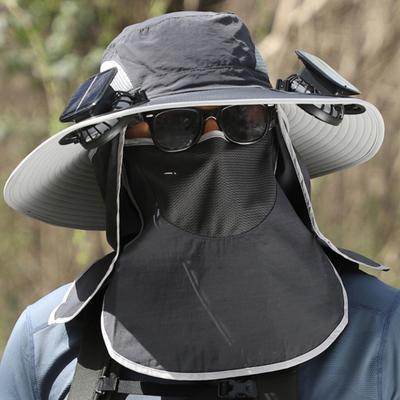Wide Brim Sun Hat with 2 Solar Fan UV Protection Bucket Hat with Neck Flap And Face Guard 3 Speed Adjustable Fan Hat for Outdoor Fishing Camping Beach