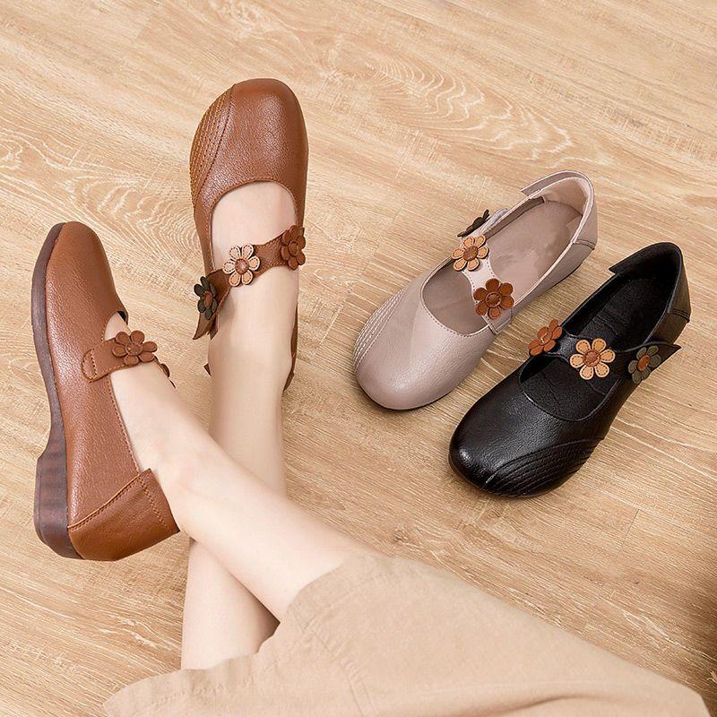 Shoes for Women 2024 Low Heel Elegant Ladies Summer Footwear Round Toe Normal Leather Casual Vacation Non Slip on Promotion Chic