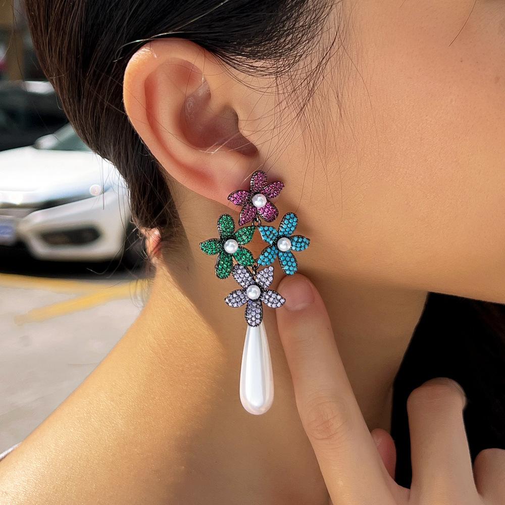 Needle Light Luxury Elegant Full Zircon Colored Flower Pearl Earrings Catwalk Water Drop Pearl Earrings Ear Jewelry