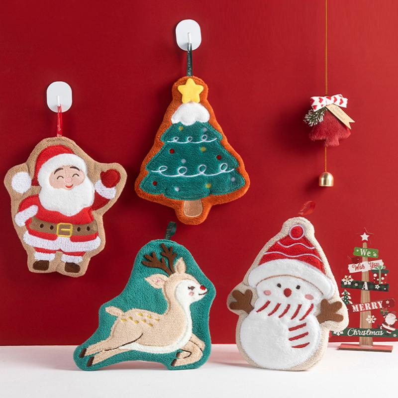 1PC Coral Fleece Children Christmas Creative Small Towel Thickened Hand Towel Multi Element Hanging Cute Embroidery Household