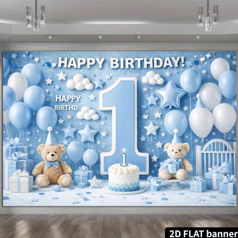 2D Little Prince 1st Birthday Backdrop - Blue Teddy Bear Banner for Boys 1st Birthday Photoshoot