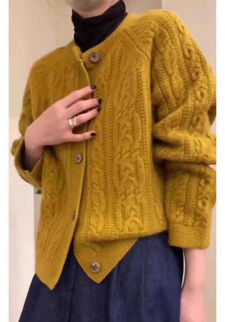 Women's Retro Wool Cardigan Sweater, Autumn/Winter, Thick, Single-Breasted, Round Neck, Cable Knit
