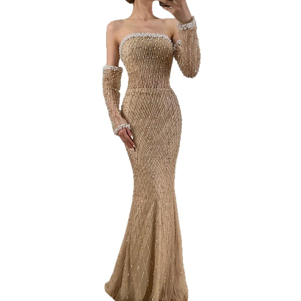 White nude bead with sleeves fishtail evening dress, celebrity dinner art test solo dress LA11119