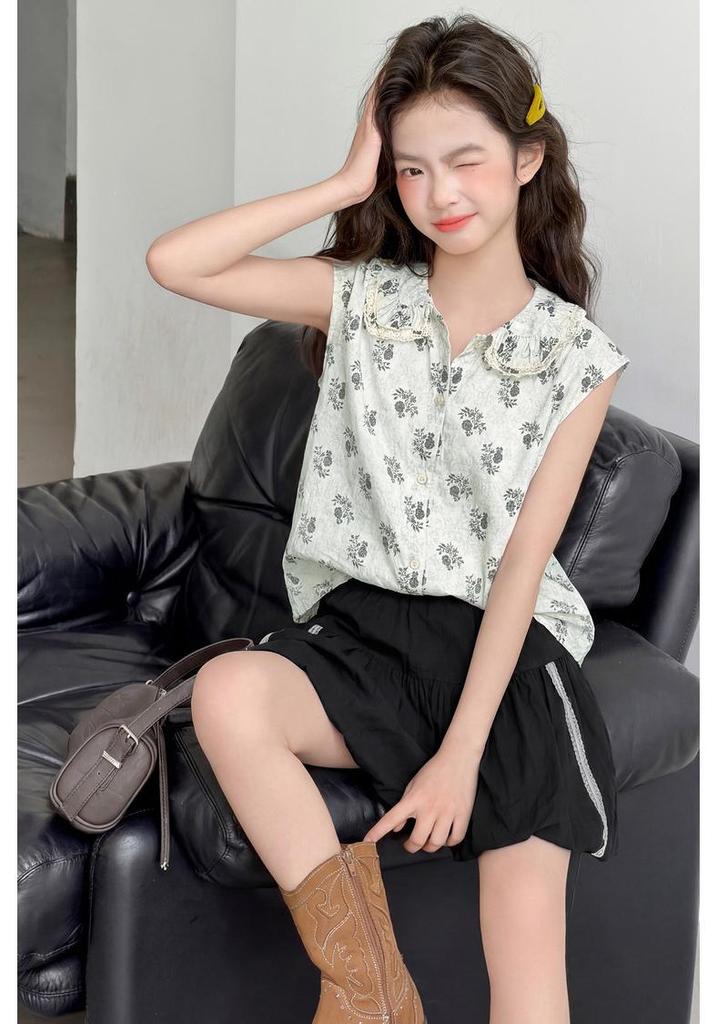 Girls' Floral Cool-Touch Sleeveless Top & Bloom Shorts - New 2026 Korean Style Summer Set