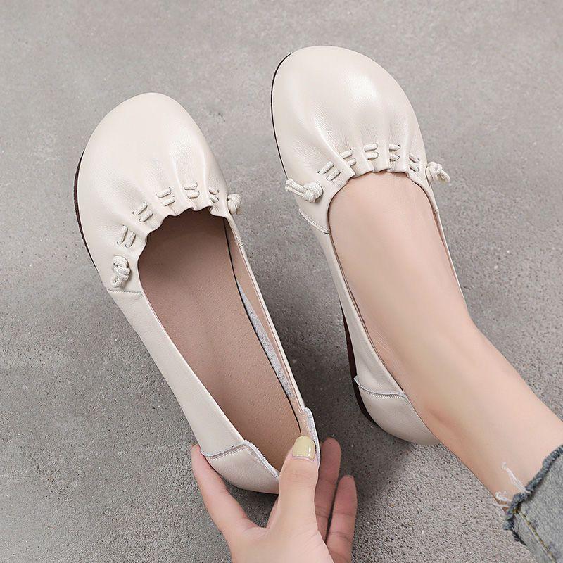 Leather Single Shoe Women s Flat Bean Shoes Comfortable Tendon Soft Sole Spring and Summer Middle-aged and Elderly Mother Shoes 40 бежевый