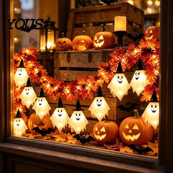 Novelty Gift for Kids Friends 70 Inch Halloween Light Up Ghost Garland, Spooky Maple Leaf String with 10 Seasonal Decorative Props Events Ghosts,
