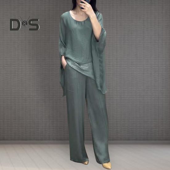 Abito casual da donna con giunture Top Pantaloni a gamba larga Abito ampio per casa Festa Ufficio Girocollo Manica a pipistrello Abito da pendolarismo