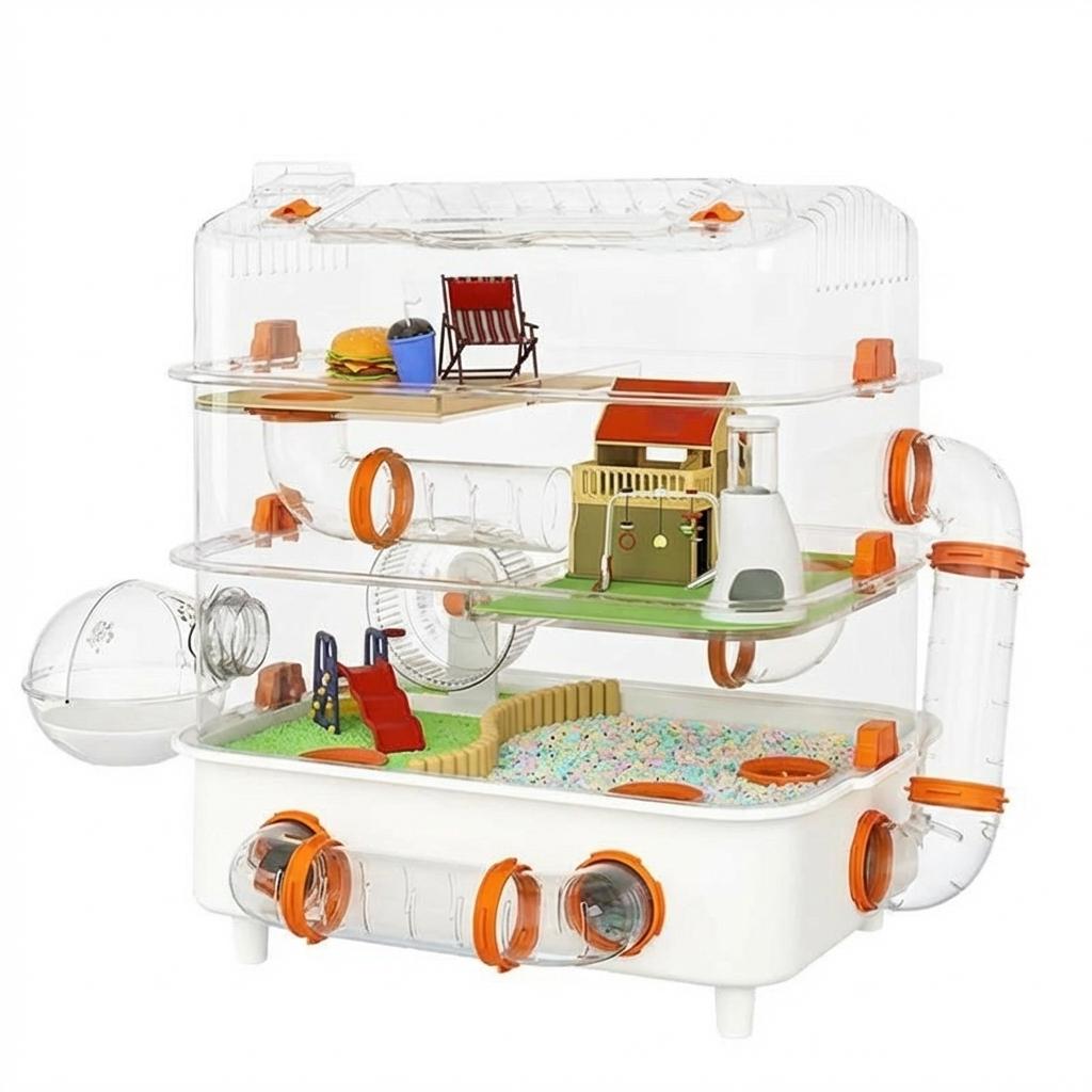 Large Hamster Cage 2 Tiers, Acrylic with Accessories, DIY Customizable Habitat for