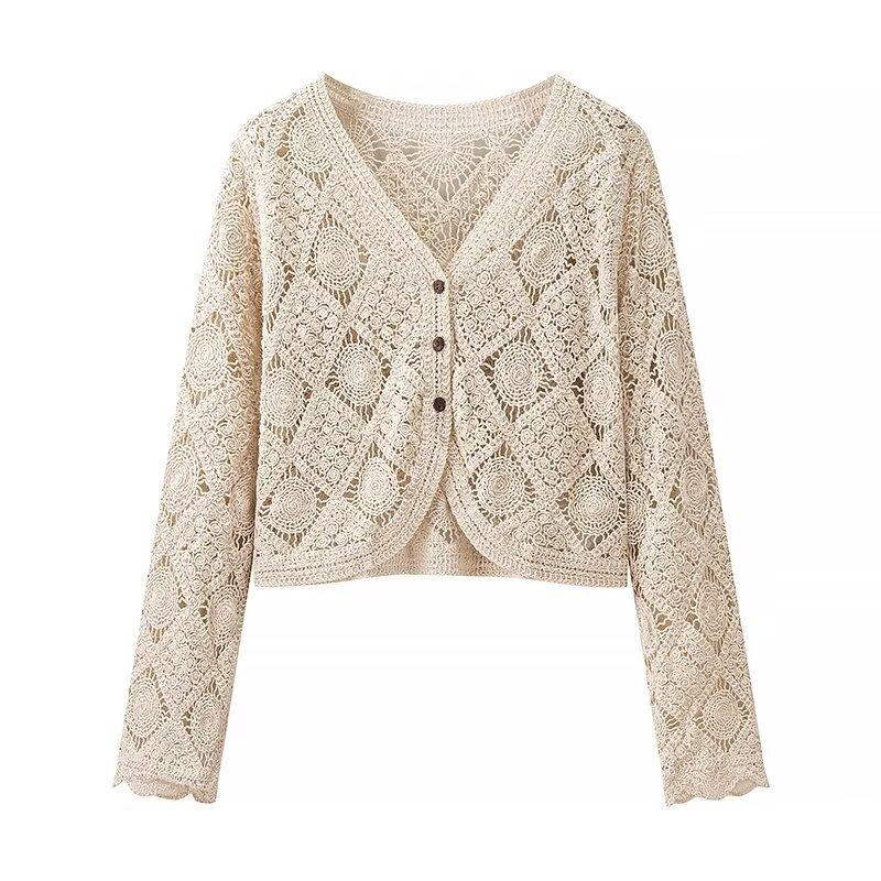 European and American style women's clothing, fashion temperament versatile simple niche knitted hollow cardigan top