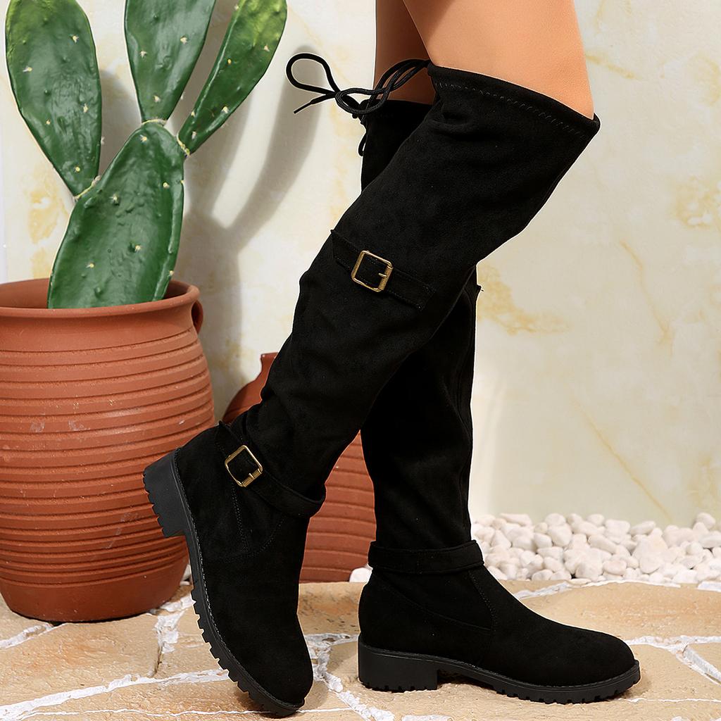 Fashion Women Ankle Boots 2025 New Belt Buckle Long Boots Western Style Pleated Flats Boots Women Square Heel Comfortable Shoes Women
