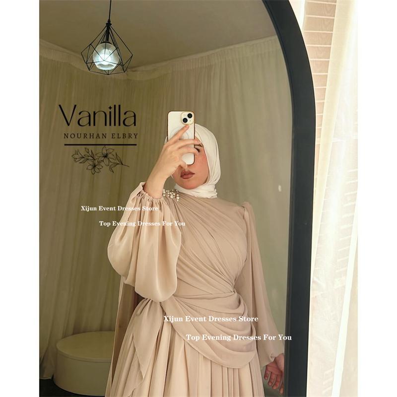 Xijun Elegant Chiffon Long Evening Dresses O-Neck Full Sleeves Prom Dress A-Line Modest Dubai Prom Gown Floor Length Customized