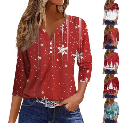 Women's T Shirt Tee Print Button 3/4 Sleeve Daily Weekend Fashion Basic V Neck Regular Top