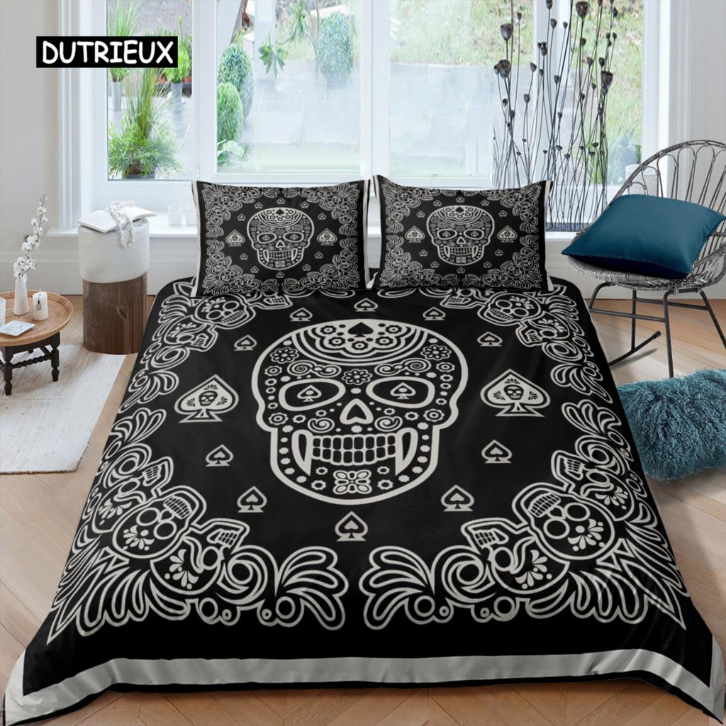 Ložní soupravy Sugar Skull King Krása Polibek Lebka Povlak na přikrývku Ložní souprava Bohémský potisk Černé ložní prádlo Velikost Queen Bedline