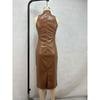 Women's Sleeveless Stand Collar Temperament Slit Dress Slim Solid Color PU Leather Dress