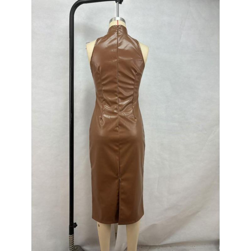 Women's Sleeveless Stand Collar Temperament Slit Dress Slim Solid Color PU Leather Dress