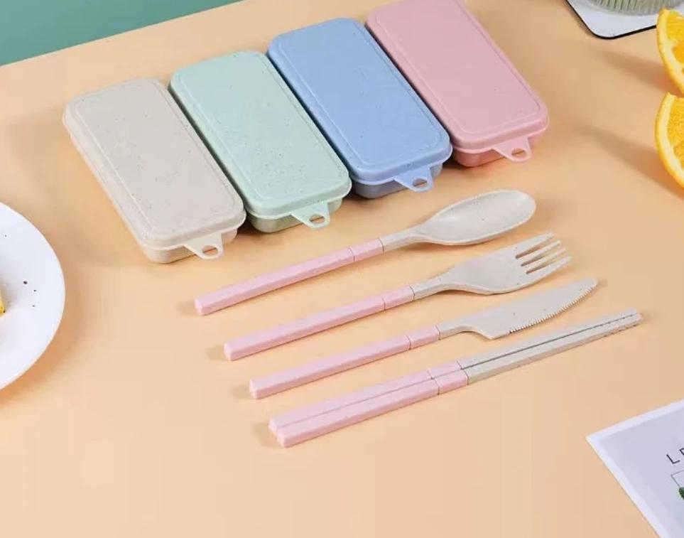 4Pcs Wheat Straw Dinnerware Set Portable Tableware Knife Fork Spoon Chopsticks Set Travel Cutlery Eco-Friendly Utensil Box
