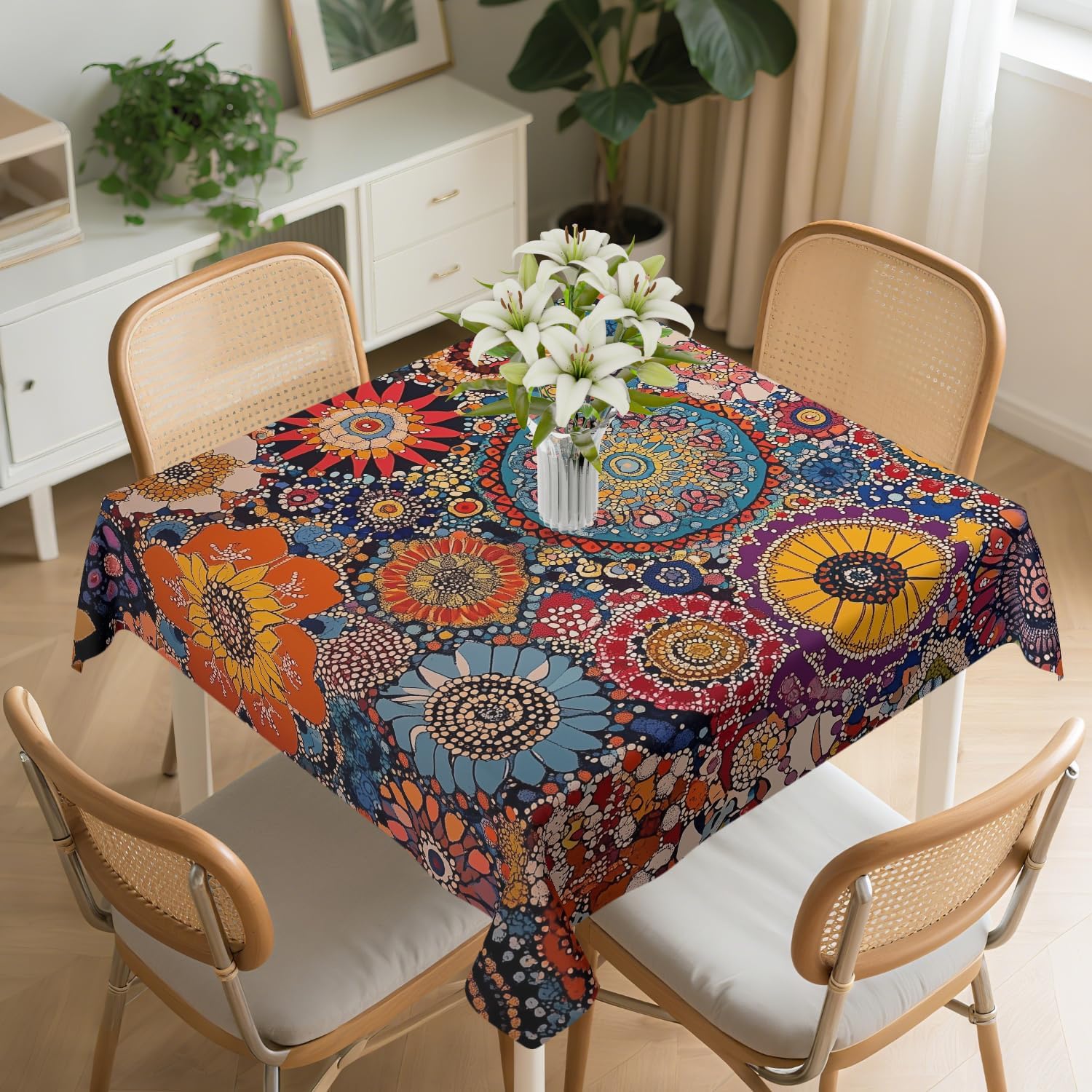 Bunte Mandala-Quadrat-Tischdecke Waschbare Abstrakte Geometrische Tischdeckenabdeckung für Esstisch Party Picknick 152x152cm brown