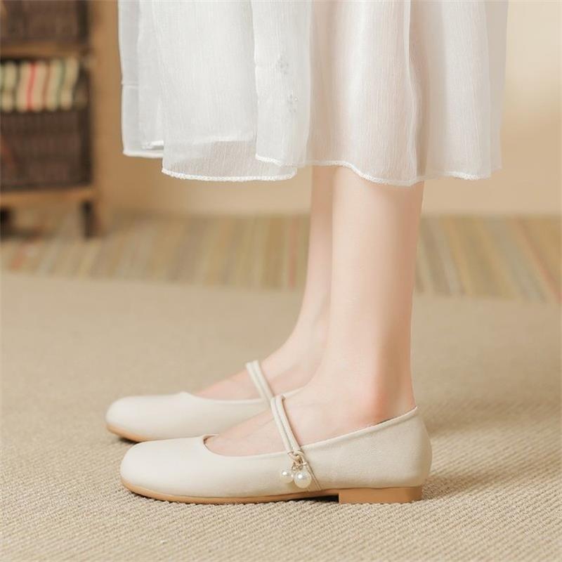 Soft Leather Mary Jane Single Shoes Women's Summer New Pearl Shallow Mouth Comfortable Gentle Wind Flat Grandma Shoes