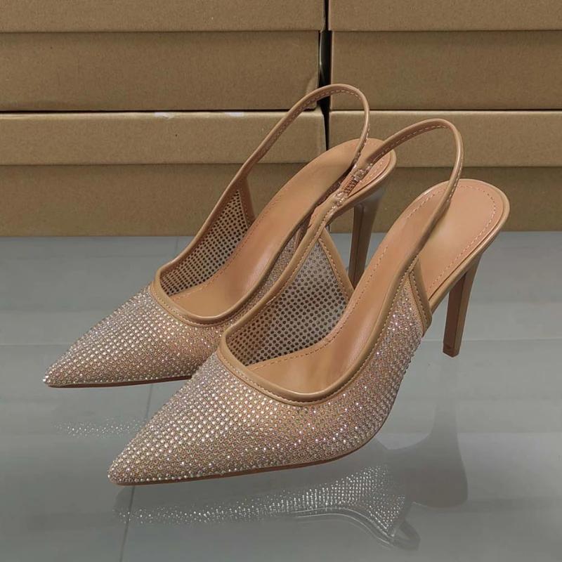 

Роскошные брендовые женские летние туфли с острым носком, ярким дизайном из страз, с сеткой на высоком каблуке, элегантные туфли для вечеринок и ночных клубов для женщин 37 бежевый