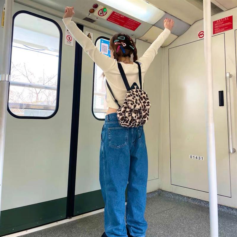 Nowy Pluszowy Plecak Imitacja Króliczego Futra Plecak Studentka Duża Pojemność Sznurek Panterka Jednolity Kolor Wszechstronna Torba Damska