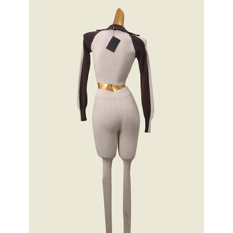 American vintage Lapel High Elastic Sunken Stripe Short Knitted Top + Slim fit Thread Trousers Fashion Cards Two-piece Set