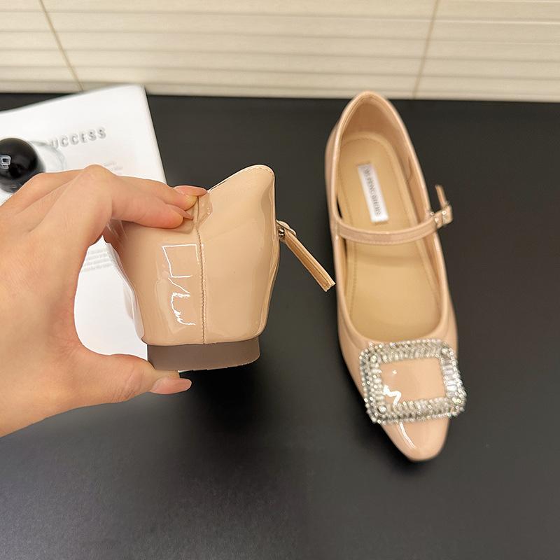 Small inner height increase single shoes women's patent leather one-word buckle 2025 new French rhinestone flat Mary Jane women's shoes
