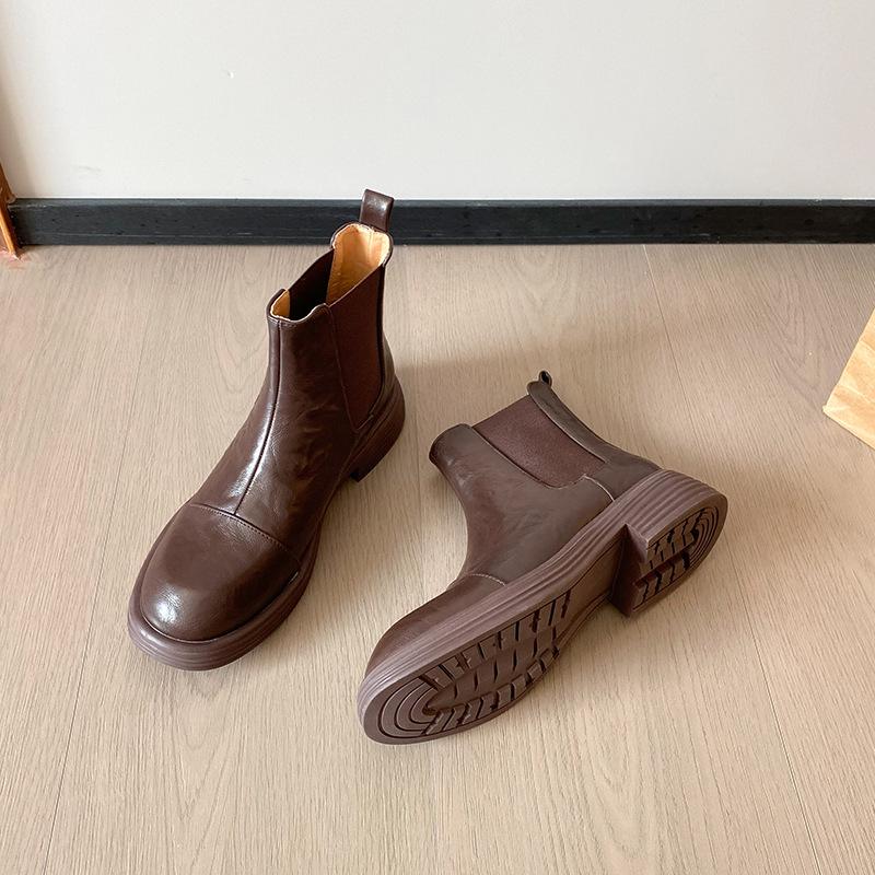 Vintage Rundkopf Grober Absatz Kurze Stiefel Damen Herbst und Winter Braun Britische Smoke Boots Chelsea Boots Schwarz Plateau Martin Stiefel