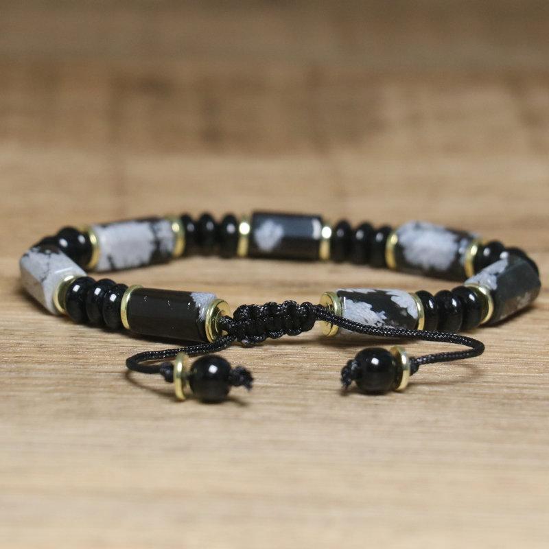 Snowflake Obsidian Tube Bracelet – Gold Accent Adjustable Boho Jewelry, Grounding Protection Gift for Men & Women