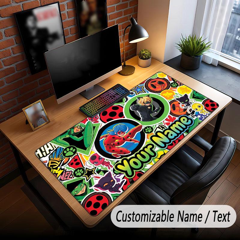 Custom Name Text Big Mouse Pad,Miraculous Ladybug Soft Non Slip Extended Desk Mat For Home Office